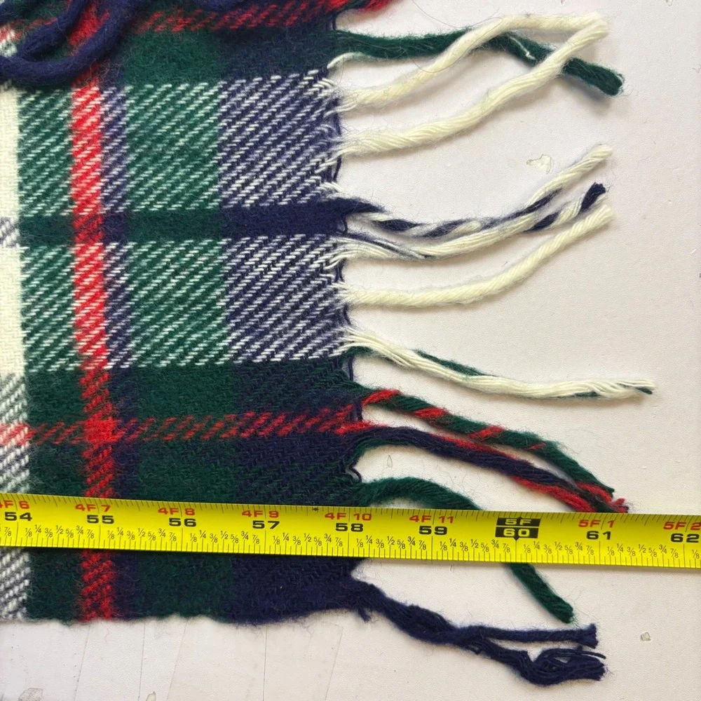 Vtg Troy Leisure Wool Blanket Plaid Navy Green Red Fringe Made USA 50x61